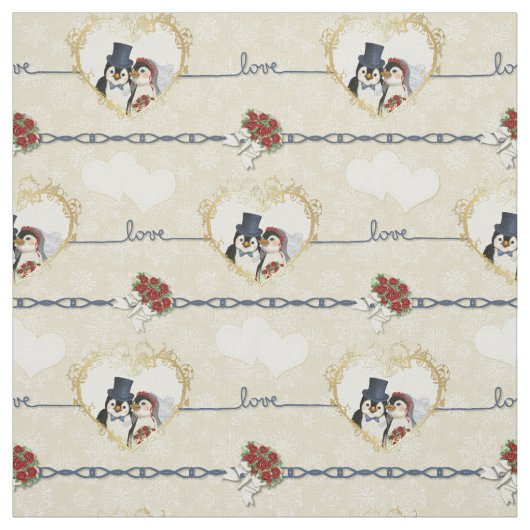 Pinguïn bruiloft harten op beige stof (Swatch)