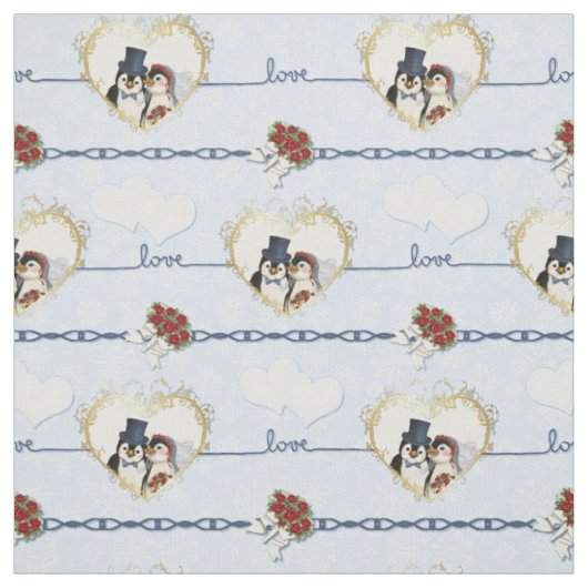 Pinguïn bruiloft harten op blauw stof (Swatch)
