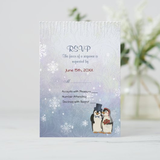 Pinguïn Bruiloft met Sneeuwvlokken - RSVP (Staand voorkant)
