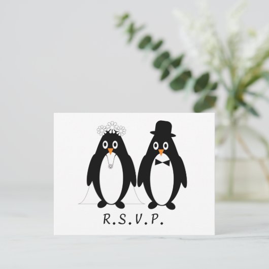 Pinguïn Bruiloft RSVP Briefkaart Invoegen (Staand voorkant)