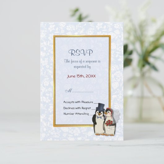Pinguïn bruiloft - RSVP Kaartje (Staand voorkant)