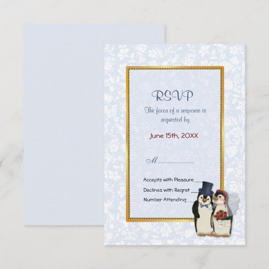 Pinguïn bruiloft - RSVP Kaartje (Voorkant / Achterkant)