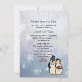 Pinguïn bruiloft sneeuwvlokken repetitie diner uit save the date (Voorkant)