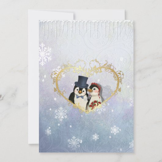 Pinguïn bruiloft sneeuwvlokken repetitie diner uit save the date (Achterkant)