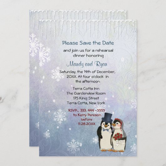 Pinguïn bruiloft sneeuwvlokken repetitie diner uit save the date (Voorkant / Achterkant)