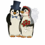 Pinguïn bruiloft staand fotobeeldje<br><div class="desc">Schattigee pinguïn bruid en bruidegom fotosculptuur. Hij ziet er elegant uit in zijn hoge hoed en ze is lief in haar roos geaccentueerde bruidssluier. Lady Penguin heeft een  boeket rode rozen. Maakt een heerlijk ornament of taart topper.</div>