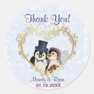Pinguïn bruiloft zegel- Dank u Ronde Sticker