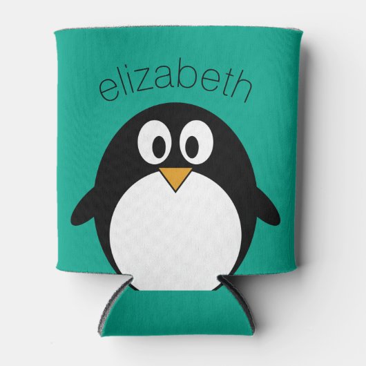 pinguïn cartoon smaragd en zwart blikjeskoeler (Voorkant)