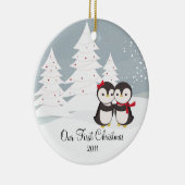 Pinguïn Couple Love Cute First-kerstversiering Keramisch Ornament (Rechts)