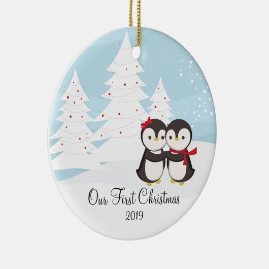 Pinguïn Couple Love Cute First-kerstversiering Keramisch Ornament (Rechts)