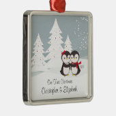 Pinguïn Couple Love Cute First-kerstversiering Metalen Ornament (Rechts)