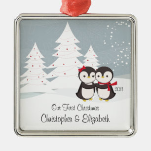 Pinguïn Couple Love Cute First-kerstversiering Metalen Ornament