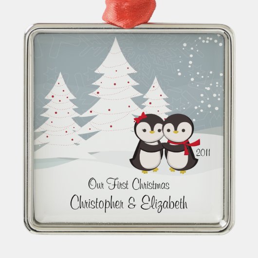Pinguïn Couple Love Cute First-kerstversiering Metalen Ornament (Voorkant)