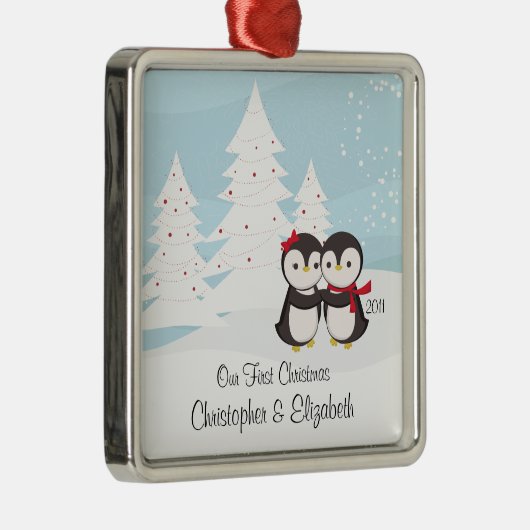 Pinguïn Couple Love Cute First-kerstversiering Metalen Ornament (Rechts)