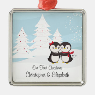 Pinguïn Couple Love Cute First-kerstversiering Metalen Ornament