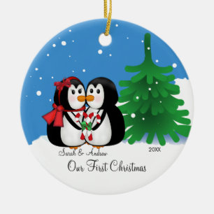 Pinguïn Couple onze eerste kerstversiering Keramisch Ornament