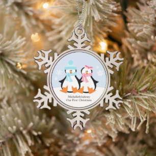 Pinguïn Couple Passen getrouwd eerste Kerstmis Tin Sneeuwvlok Ornament