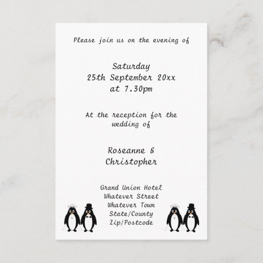 Pinguïn Design Huwelijksreceptie Informatiekaartje (Achterkant)