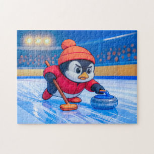 Pinguïn die curling speelt op een ijzige winterbaa legpuzzel