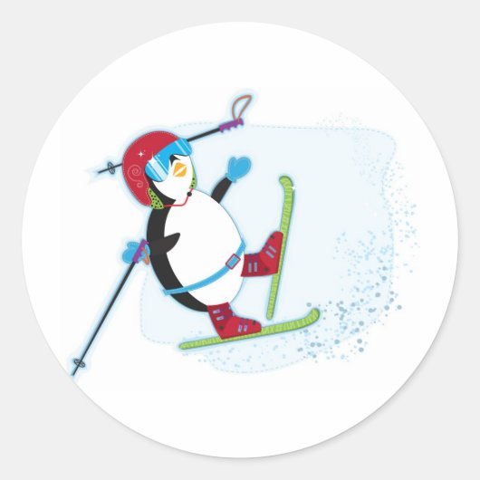 Pinguïn die op ski valt ronde sticker (Voorkant)