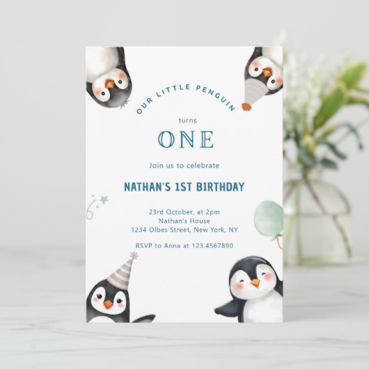 Pinguïn Dier Winter Onederland 1e verjaardag Kaart (Staand voorkant)