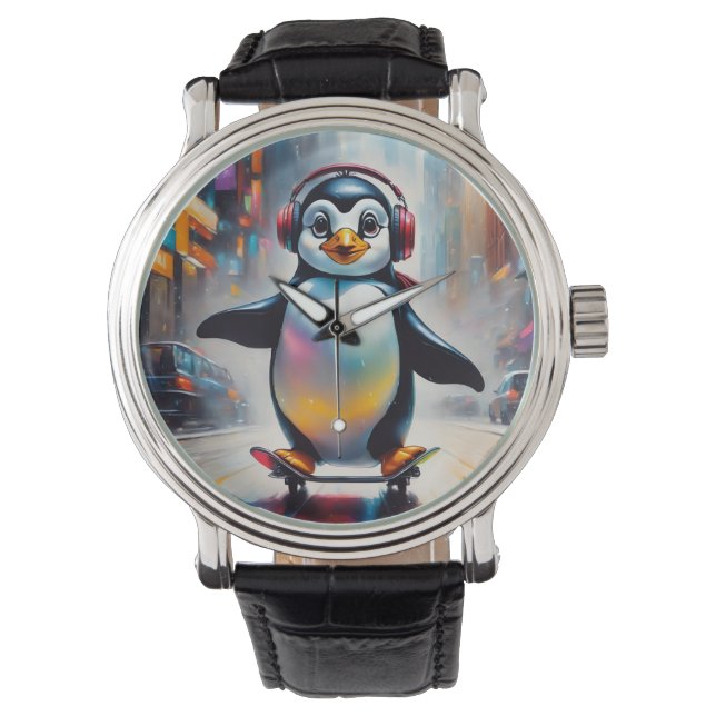 Pinguïn Digitale Kunst Schilderij Cool Horloge (Voorkant)