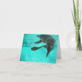 Pinguïn duikt in blauw water op een blanco notitiekaartje