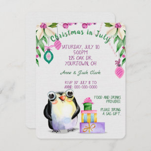 pinguïn en cadeaus voor Kerstmis in Juli feest Kaart