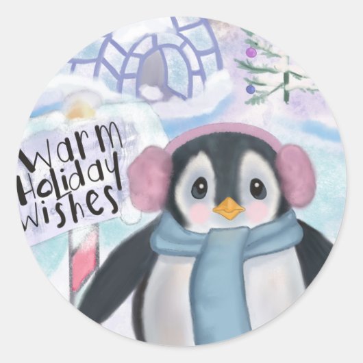 Pinguïn en Igloo Noorderlicht Scène Ronde Sticker (Voorkant)