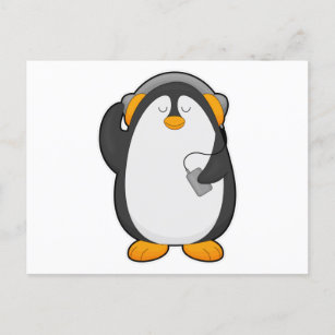 Pinguïn en mobiele telefoon met headset briefkaart