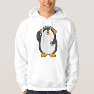 Pinguïn en mobiele telefoon met headset hoodie