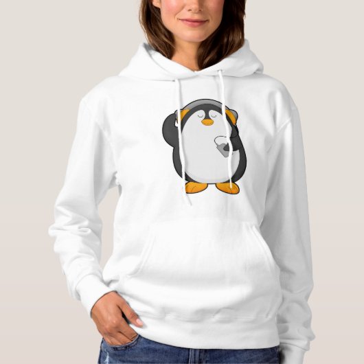 Pinguïn en mobiele telefoon met headset hoodie (Voorkant)