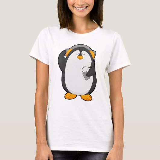 Pinguïn en mobiele telefoon met headset t-shirt (Voorkant)