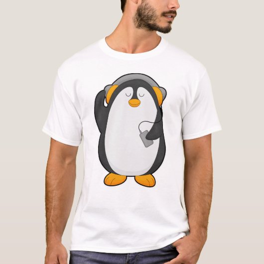 Pinguïn en mobiele telefoon met headset t-shirt (Voorkant)