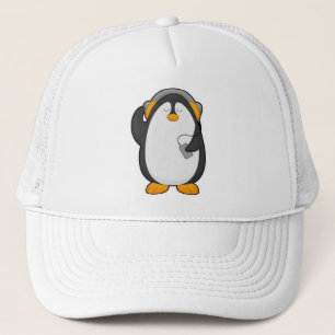 Pinguïn en mobiele telefoon met headset trucker pet