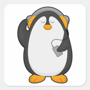 Pinguïn en mobiele telefoon met headset vierkante sticker