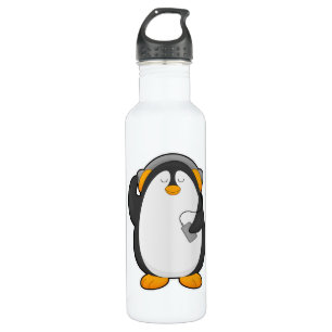 Pinguïn en mobiele telefoon met headset waterfles