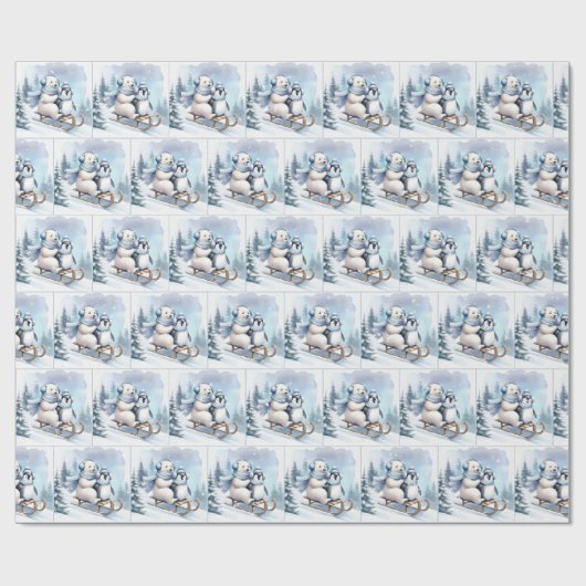 Pinguïn en Polar Beer op een slee Cadeaupapier (Vlak)