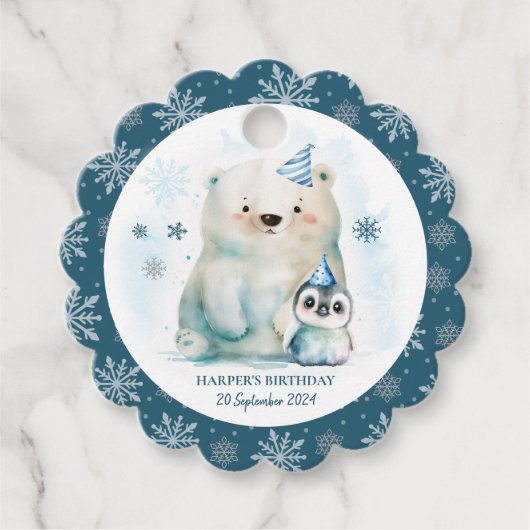Pinguïn en Polar Beer Winterverjaardag Bedankjes Labels (Voorkant)