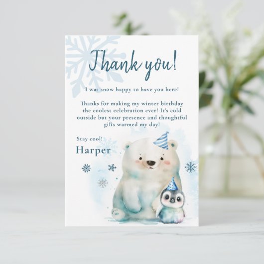 Pinguïn en Polar Beer Winterverjaardag Bedankkaart (Staand voorkant)