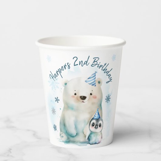 Pinguïn en Polar Beer Winterverjaardag Papieren Bekers (Achterkant)