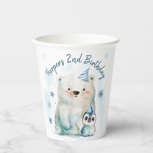 Pinguïn en Polar Beer Winterverjaardag Papieren Bekers (Voorkant)