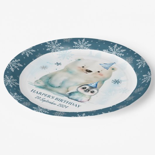 Pinguïn en Polar Beer Winterverjaardag Papieren Bordje (Gekanteld)