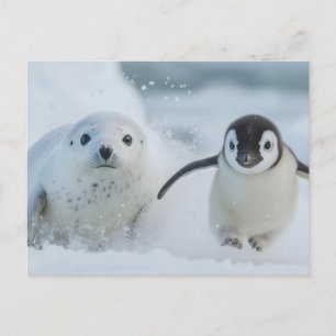 Pinguïn en Zeehond Vrienden - Spelend in de Sneeuw Briefkaart