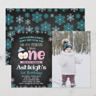Pinguïn First Birthday Uitnodiging met foto
