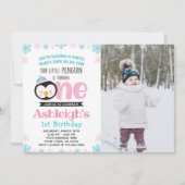 Pinguïn First Birthday Uitnodiging met foto (Voorkant)