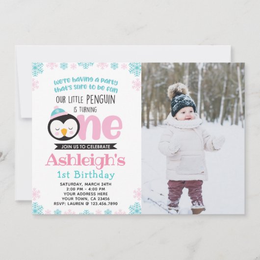 Pinguïn First Birthday Uitnodiging met foto (Voorkant)