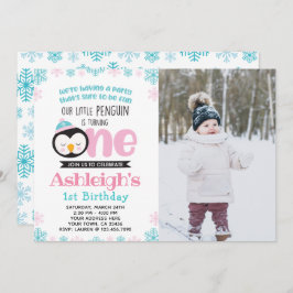 Pinguïn First Birthday Uitnodiging met foto