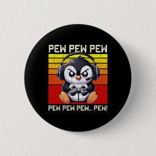 Pinguïn Gamer Pew Grappige Videogames Vintage Jong Ronde Button 5,7 Cm