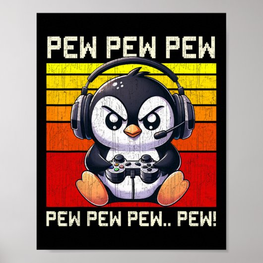 Pinguïn Gamer Pew Grappige Videospellen Vintage Jo Poster (Voorkant)